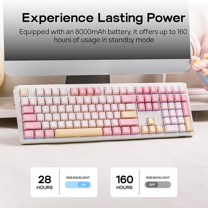 EPOMAKER TH108 Full Size Mechanical Keyboard, Wireless Gaming Keyboard with 8000mAh Battery, Creamy Gasket, 108 Keys, Hot Swap, Custom Driver, RGB Backlight (Pink, Creamy Jade)