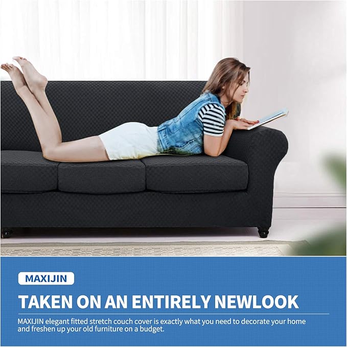 MAXIJIN 3 Piece Stretch Couch Covers for 2 Cushion Couch Sofa Slipcovers with 2 Extra Large Seat Cushion Couch Jacquard Loveseat Sofa Couch Cover for Dogs (2 Cushion Sofa, Black)