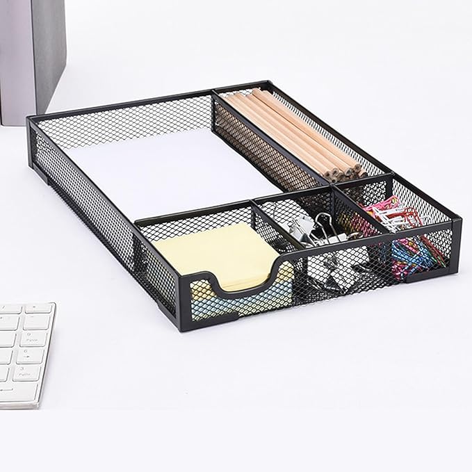 Pssopp Desk Drawer Organizer Tray, 5 Dividers Ventilated Mesh Space Saving Stationery Pen Pencil Organizers with anti Slip Pads for Office Supplies Makeup Vanity Desktop (Black)