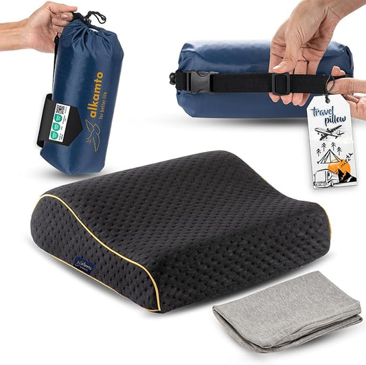 alkamto Travel & Camping Comfortable Memory Foam Pillow – Easy to Carry Portable Bag – Temperature Regulating Pillow Case (Black Contour + Extra Cover)