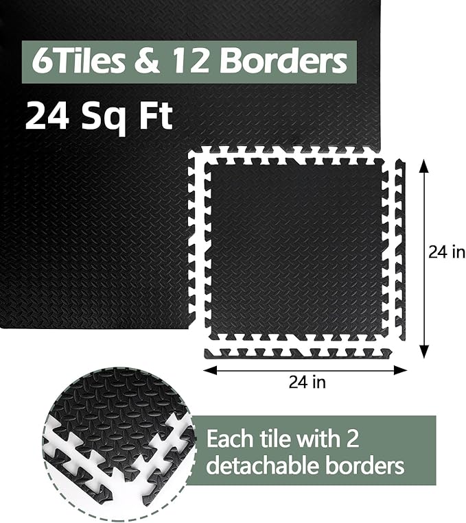 24 Sq Ft (6 Tiles) Interlocking Exercise Mats, EVA Foam Gym Floor Tiles for Home Gym, Yoga, Kids Playroom, Non-Slip Protective Flooring