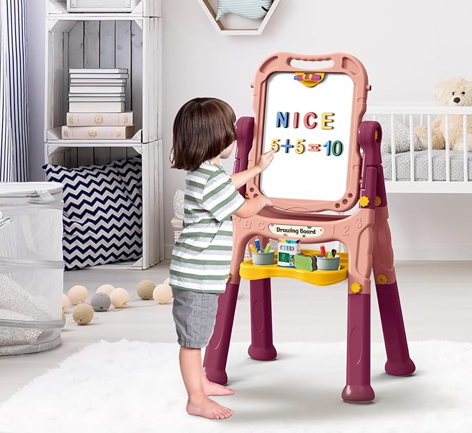 Art Easel for Kids with Magnetic Drawing Board, Double Sided Easel with Magnetic Letters & Numbers Easel, Adjustable Standing Easel for Toddler, Creative Play for Kids (Pink)