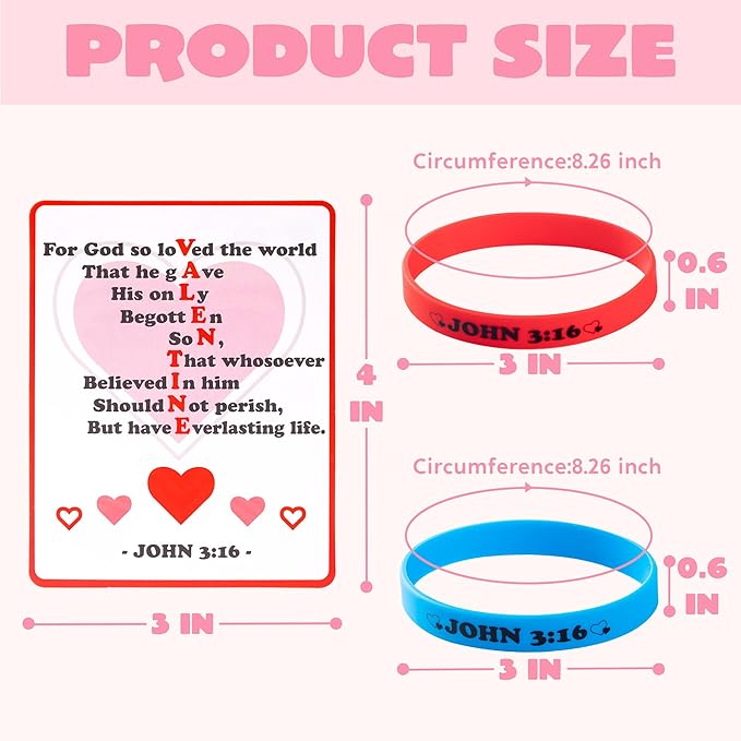 JOYIN 56 Pcs Valentine’s Day Silicone Bracelet with Cards, John 3:16 Rubber Bracelet Valentine Gift, Party Favor Supplies, Classsroom Exchange Prizes, Holiday Reward Gifts