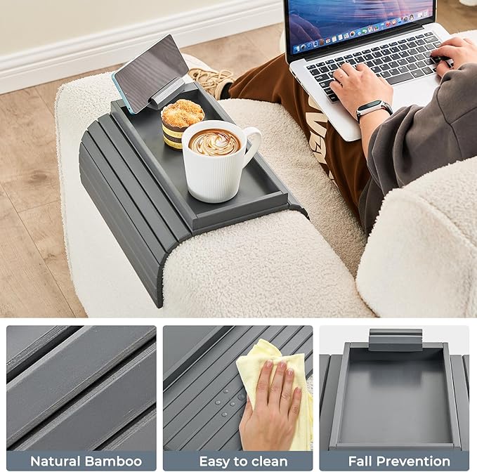 Bamboo Sofa Arm Tray, Anti Falling Couch Arm Tray Armrest Table with 360° Rotating Phone Holder, Foldable and Portable Sofa Armrest Trays Cup Holder for Drink,Cups, Phone, Snacks, Remote