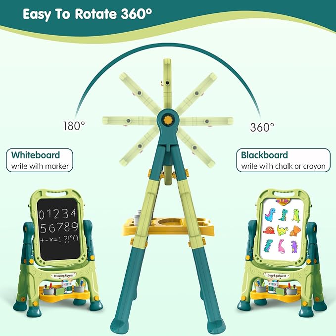 Kids Art Easel, Adjustable Drawing White Board & Chalk Board, Toddler Standing Easel with Painting Accessories, Gift for Girls Boy (Green)