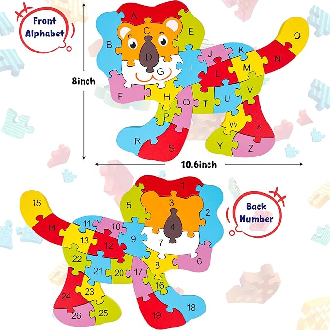 LovesTown Lion Wooden Puzzle, 26PCS Jigsaw Puzzle Alphabet and Number Blocks Animal Wooden Building Blocks for Kid Preschool Education