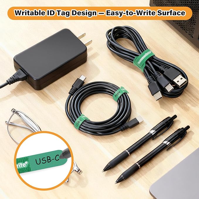 SummerBrite 70 Pack Multi-Color Cable Ties 8 Inch with Writable Labels, Reusable Cord Organizer Straps, Hook & Loop Wire Management for TV, Audio, Ethernet, Electronics & Heavy Duty Cords