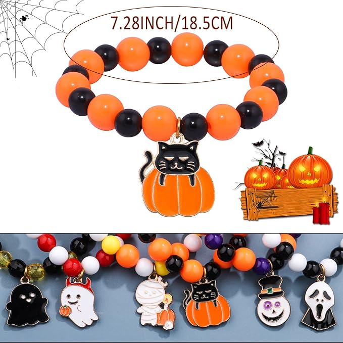 15PCs Halloween Bracelets Girls Boys Bracelets with Pumpkin Ghost Eyeball Clown Wizard Hat Skeleton Cat Halloween Pendants for Halloween Party Favors