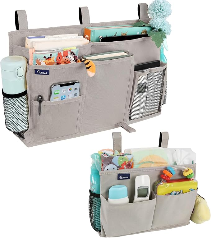 Surblue Bedside Caddy Bunk Bed Storage Organizer Hanging Pockets for College Dorm Rooms, Hospital Beds, Baby Bed Rails, Camping, RV, Small and Large Set, Grey