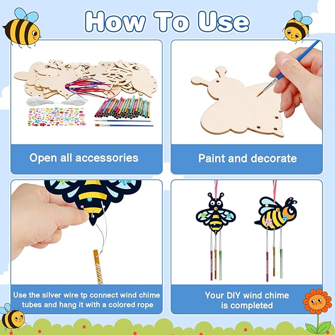 Fennoral 10 Pack Bee Wind Chime Kit for Kids Make You Own Honey Bee Wind Chimes Ornaments DIY Coloring Wooden Art and Craft for Insects Spring Art Activities Birthday Party Decorations
