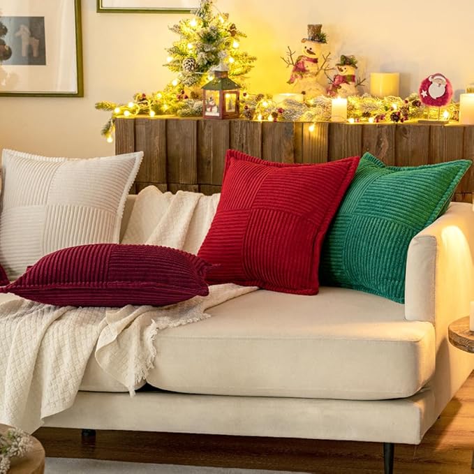 MIULEE Christmas Decorative Throw Pillow Covers for Couch Bed Livingroom 18x18 Inch Set of 2 Burgundy Boho Accent Throw Pllows Broadside Striped Patchwork Soft Corduroy Pillowcases
