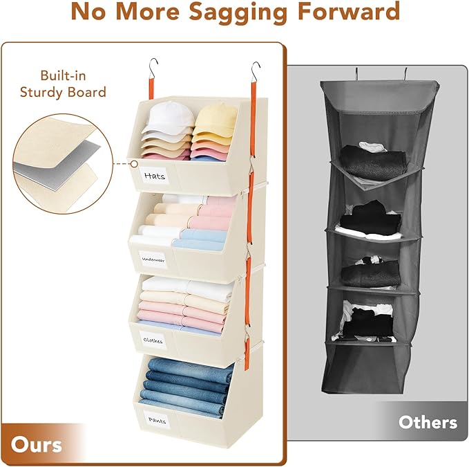 4 Pcs Modular Closet Organizer - Detachable & Foldable Hanging Storage Cubes, 88L Total Capacity, Heavy Duty Fabric Shelves for Wardrobe, Closet Organization, RV, Dorm, Beige