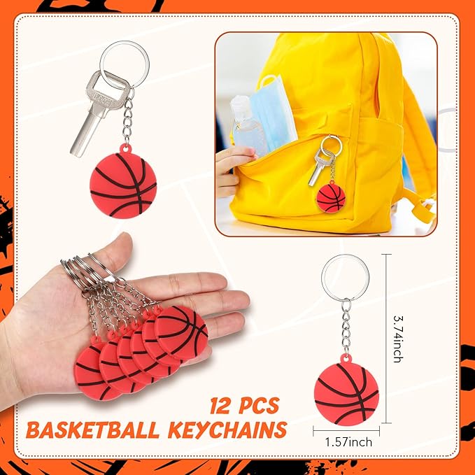 LEIFIDE 48 Pcs Basketball Soccer Football Baseball Party Favors Supplies 12 Silicone Bracelet 12 Drawstring Treat Bag 12 Mini Stress Ball 12 Keychains for Birthday Sports Party Supplies(Basketball)