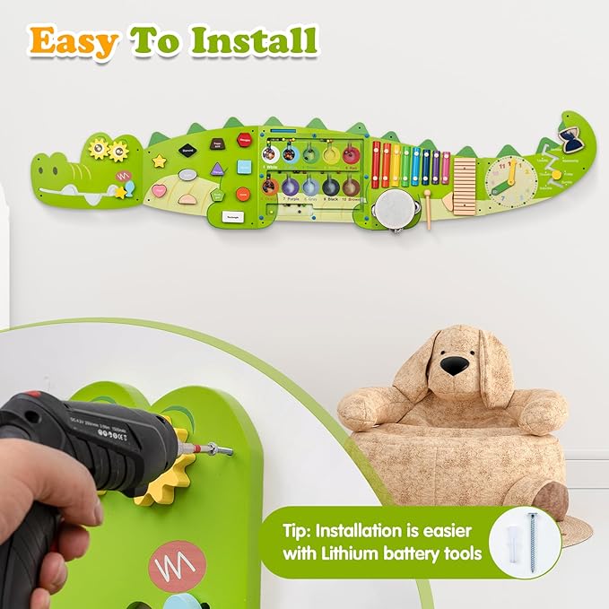 Weihnacht Crocodile Activity Wall Busy Board Panels,11-in-1 Montessori Sensory Toys, Toddler Learning Activity Center,Wooden Learning Toy Ideal Furniture for Playroom & Children's Daycare