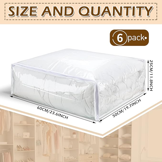 6 Packs Clear Zippered Storage Bags Sweater Moth Bags Plastic Storage for Blankets Clothes Bed Sheet Organizer with Zipper for Closet Linen Sweater Bed Sheet Clothes Pillow(24 x 20 x 10 Inch)