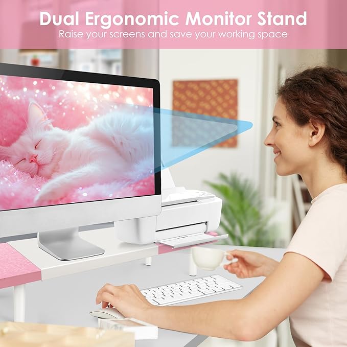 Across-Star Dual-Monitor-Stand-Riser-For-Desk Adjustable Length 32-40 Inch，Large Desktop Computer Monitor Riser For 2 Screens，Desk Shelf Organizer Riser Stand For Computer/Laptop/PC/Printer/TV