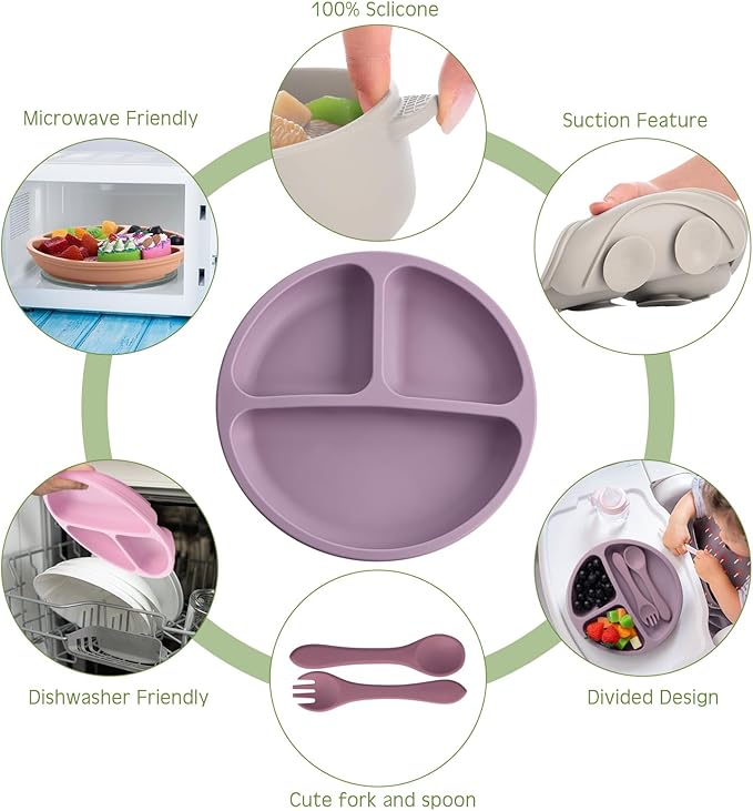 Dandat 24 Pcs Silicone Baby Feeding Set,6 Baby Toddler Suction Bowls 6 Divided Suction Plates with 6 Forks 6 Spoons, Utensils Set for Weaning Infant Feeding and Eating, 6 Styles(Light Color)