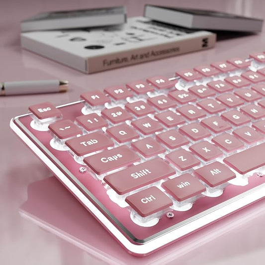 EWEADN GX710S Backlit Computer Keyboards, Wired USB Keyboard with White Backlit, Metal Panel, Plug and Play, Pudding Keycaps Full Size Quite Computer Keyboard for Win/PC/Laptop-Pink