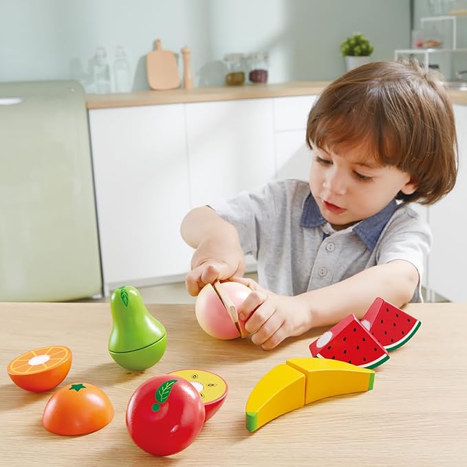 Hape: Fruit Set - 7pc, Wooden Food Play Set, Knife & Velcro Stick Together Fruit Pieces, Cut in Half, Kitchen Pretend Play, Realistic Toy, Kids Age 3+