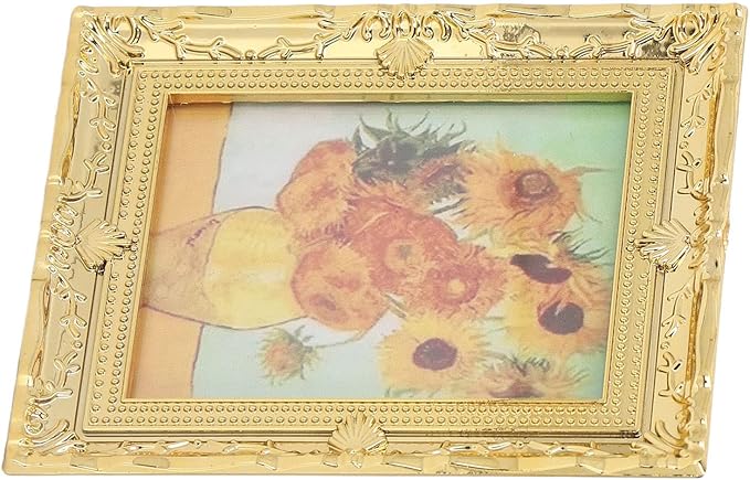 CHICIRIS Miniatures Art Painting, Gold Frame Miniatures Oil Painting Beautiful for Kids for Dollhouse Decoration (Sunflower Shape)