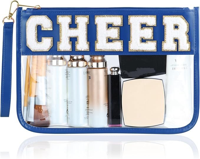 BuyCard Cheer Chenille Letter Bags Clear Makeup Bag, Cheerleader Gifts Cosmetic Bag, Varsity Preppy Patch Flat Pouch Cheer Accessories, Waterproof PVC Organizer Toiletry Bag for Women Girls Navy Blue