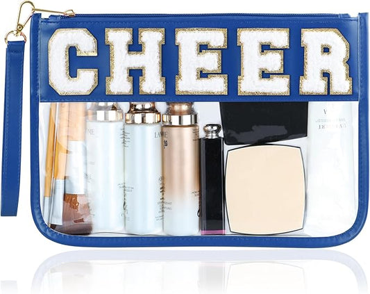 BuyCard Cheer Chenille Letter Bags Clear Makeup Bag, Cheerleader Gifts Cosmetic Bag, Varsity Preppy Patch Flat Pouch Cheer Accessories, Waterproof PVC Organizer Toiletry Bag for Women Girls Navy Blue