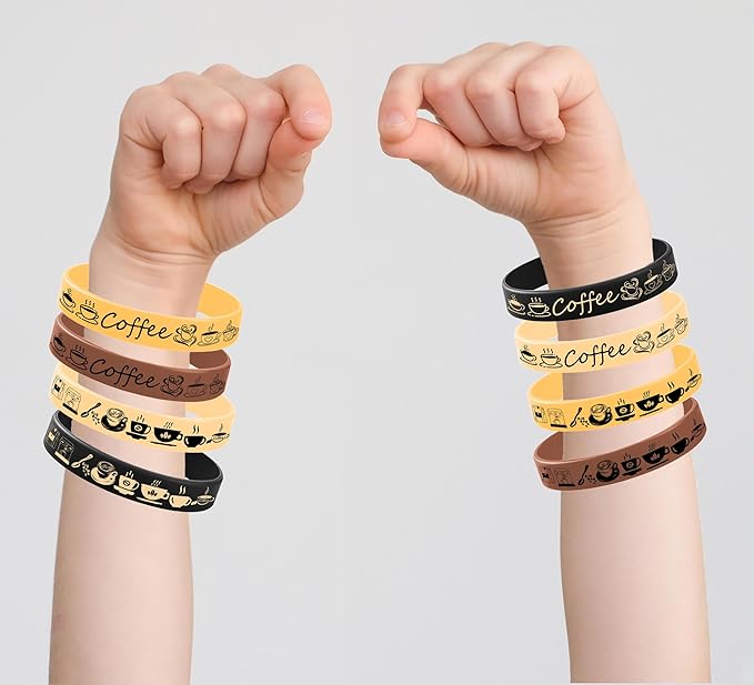 24PCS Coffee Themed Rubber Bracelet Party Favors Latte Coffee Silicone Bracelet Birthday Hoilday Baby Shower Party Supplies Decorations