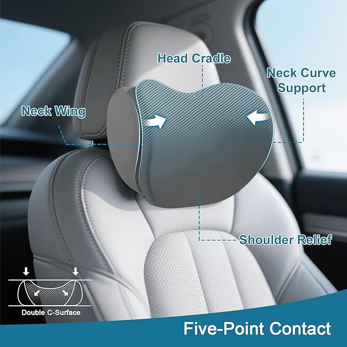 2Pcs 2025 Double-Layer Car Pillow, Cloud-Like Comfort Car Neck Pillow, Dual C-Curve Support Car Headrest Pillow – Experience First-Class Driving Comfort. (Gray)