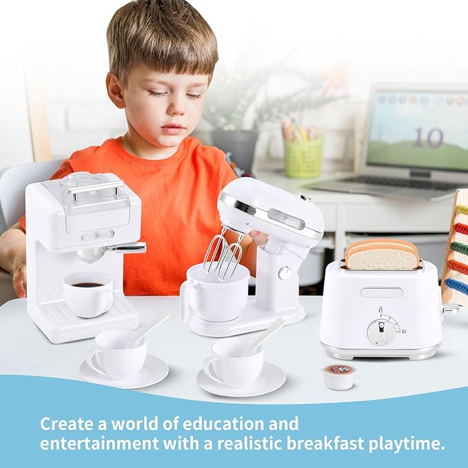 Kitchen Appliances Toys, Play Kitchen Accessories Set for Kids, Pretend Kitchen Toys with Coffee Maker, Mixer and Toaster, Play Kitchen Set for Kids (White)