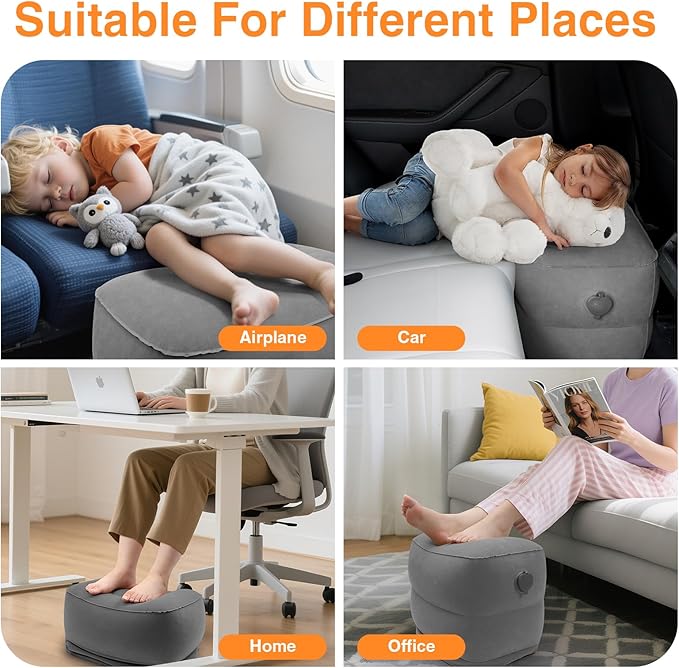 Maliton Inflatable Foot Rest Pillow for Travel,Kids Airplane Bed,Adjustable 3 Layers Height Leg Pillow of Air Travel Essentials,Car, Office, Home - Fast Inflation (Dark Grey)