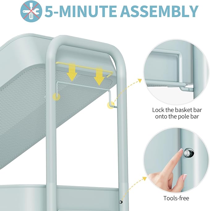 TOOLF 4-Tier Metal Rolling Cart with Wheels, Storage Utility Organizer Cart for Kitchen, Bathroom, Office, Baby Essentials & Makeup - Lockable Casters, Easy Assembly, Large Capacity, Green