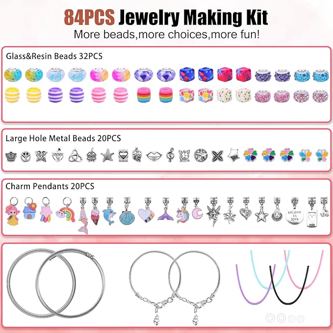 AIPRIDY Charm Bracelet Making Kit,Unicorn Mermaid Crafts Gifts Set Can Inspires Imagination and Creativity,Jewelry Making Kit Perfect Gifts for Girls 5-12 Years Old (84 Pieces)