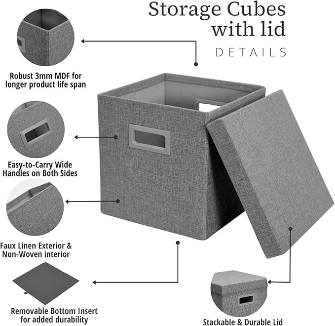 DECOMOMO Heavy Duty Cube Storage Bins, Fabric Storage Cubes, 3X Tougher Storage Basket with Lids (Charcoal Grey, 11 inch Cube)