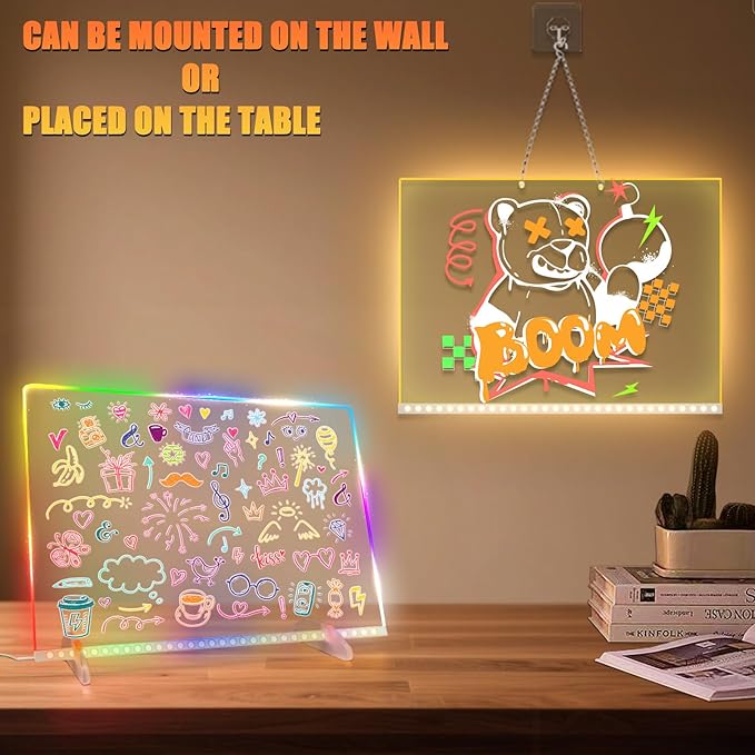 LED Note Board with Colors-Light Up Acrylic Dry Erase Board with 6 Modes & 8 Colors,13.7"X10" Include 7 Markers, Hanging Chain, Battery Case, Led Writing Board with Battery Pack for Home/Office/Decor