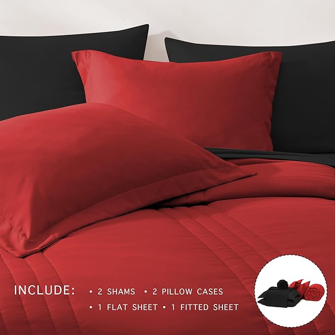 Monbix Full Comforter Set - 7 Pieces Bright Red Bed in a Bag Full Size Bedding Sets with Comforters, All Seasons Comforter with Sheets, Pillowcases & Shams