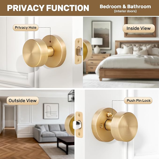 Satin Brass Door Knob Interior Privacy Door Knobs with Lock, Brushed Brass Door Knobs Modern Round Gold Door Handles for Bathroom and Bedroom