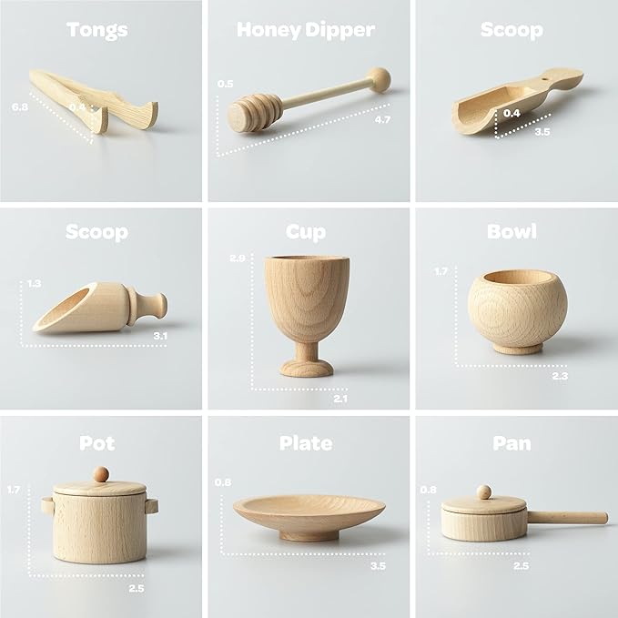 Blue Ginkgo Sensory Bin Tools – Montessori Fine Motor Skills Learning Set for Toddlers and Kids Pretend Play [9 PC] Kitchen Wooden Set with Scoops, Bamboo Tongs