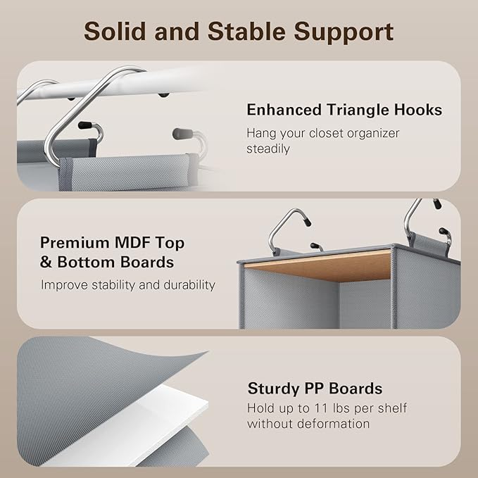 Pipishell 6-Shelf Hanging Closet Organizer with 2 Separable 3-Tier Shelves, 3 Drawers & Side Pockets Closet Organizers and Storage for Wardrobe Organization and Nursery Clothes Organizer, Gray