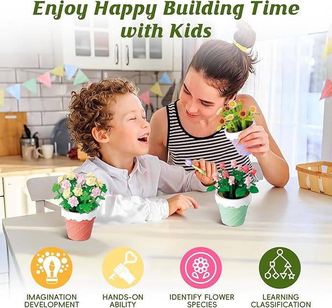 POKONBOY Flowers and Plants Bonsai Tree Building Sets, 6 Pack Botanical Collection Building Toys Creative Flowers Building Kits Home Decor Birthday Boys Girls 6+