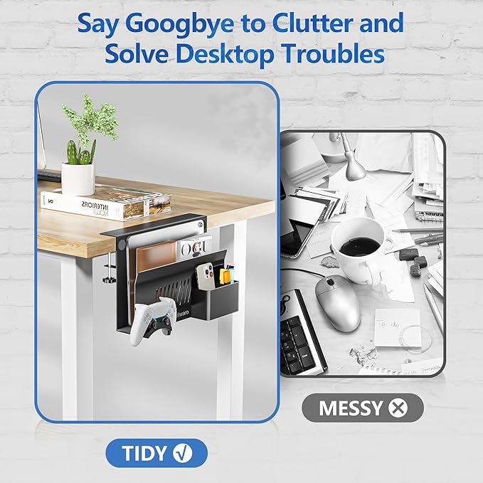 Litwaro Desk Side Storage Organizer, No Drill Laptop Holder Clamp on Desk Shelf with Magnetic Pen Holder, Hanging Organizer Fits Flat Edge Desks 0.4" to 2.1" (Black)