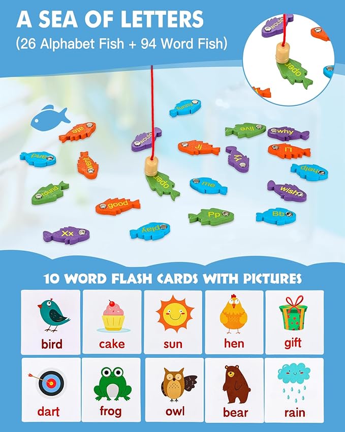 Anpro Wooden Magnetic Fishing Sight Words Game Learning, Alphabet Puzzle Flashcards Montessori Toys with 2 Play Modes, Homeschool Sight Word Educational Toy for Preschool 3 4 5 Year Old Kids