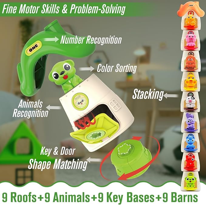 Montessori Learning Toys for Toddlers 1 2 3 Years Old, Farm Animals and Stacking Barn Set for Baby Boy Girl Birthday, Number Matching, Shape Sorting and Fine Motor Skills Games