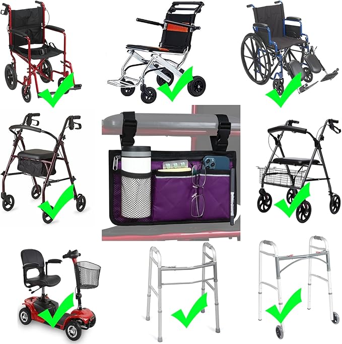 Wheelchair Side Bag, Armrest Storage Pouch with Cup Holder and Reflective Strip for Wheelchairs, Walkers or Rollators (Purple)