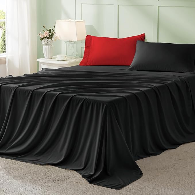 Anluoer Black and Red Queen Comforter Set 7 Pieces, Bed in a Bag with Sheets, All Season Bedding Sets with 1 Comforter, 2 Pillow Shams, 2 Pillowcases, 1 Flat Sheet, 1 Fitted Sheet