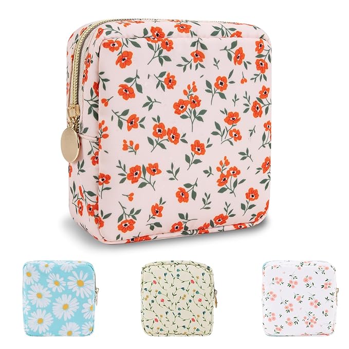 UIXIZQ Waterproof Mini Floral Makeup Bag Pouch for Purse,Nylon Flower Cosmetic Travel Bag Small Preppy Toiletry Organizers Bag for Women Girl,Cute Zipper Pouch Coin Purse for Work(Mini Pink-Flowers)