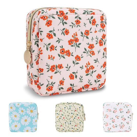 UIXIZQ Waterproof Mini Floral Makeup Bag Pouch for Purse,Nylon Flower Cosmetic Travel Bag Small Preppy Toiletry Organizers Bag for Women Girl,Cute Zipper Pouch Coin Purse for Work(Mini Pink-Flowers)