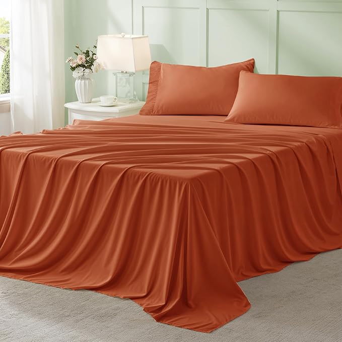 Anluoer Burnt Orange King Comforter Set 7 Pieces, Bed in a Bag with Sheets, All Season Bedding Sets with 1 Comforter, 2 Pillow Shams, 2 Pillowcases, 1 Flat Sheet, 1 Fitted Sheet