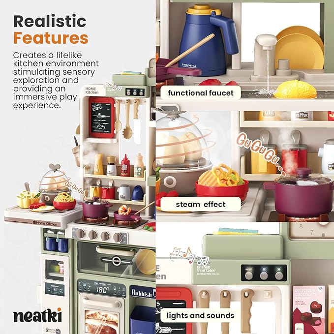 72-Piece Kids' Kitchen Playset, 27.16 x 10.62 x 36.61 inches, Interactive Toy for Toddlers, Realistic Design & Educational Fun for Ages 3 and Up (Avocado Ash 72)