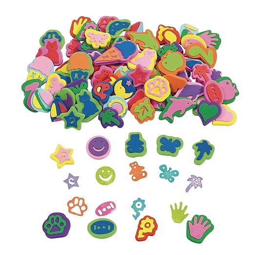 Colorations Mega Foam Stamper Mix, Bulk, Value Pack, 80 Stamps, 25 Assorted designs, EVA Foam, for Kids, Arts & Crafts, Educational, Gift, Non-Toxic, Learning, Stamping