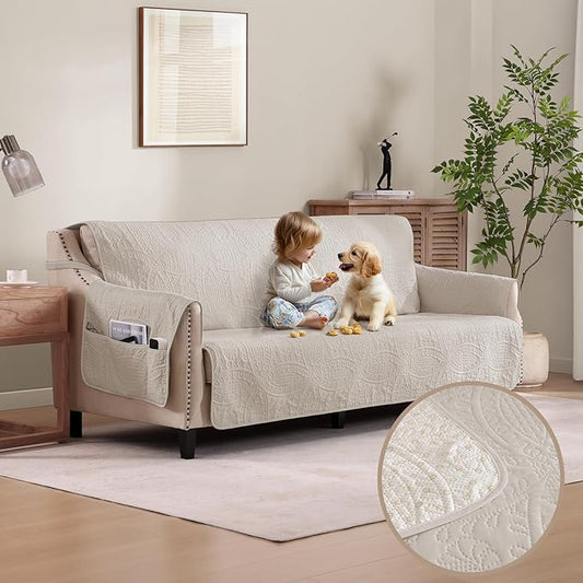 Soft Quilted Couch Cover with Pockets for Extra-Large Sofa, Anti-Slip Sofa Covers Washable for 3 Cushion Pet Friendly, Oversized Sofa Cover Water-Repellent (X-Large Sofa 78", Beige Cream)